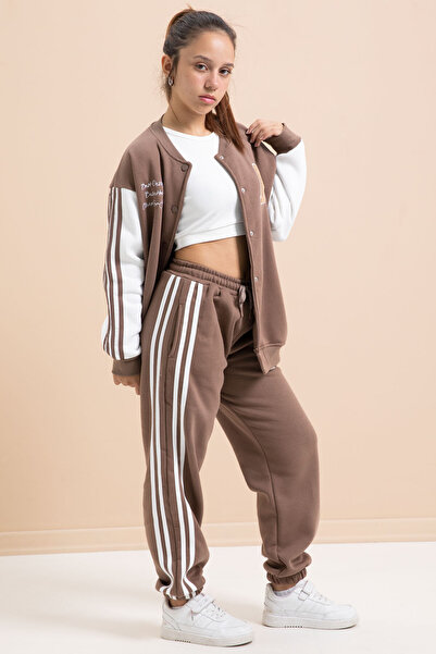 Cansın Mini Кафяво колежанско сако с надпис за момичета с ленти и 3 нишки шардон 21295