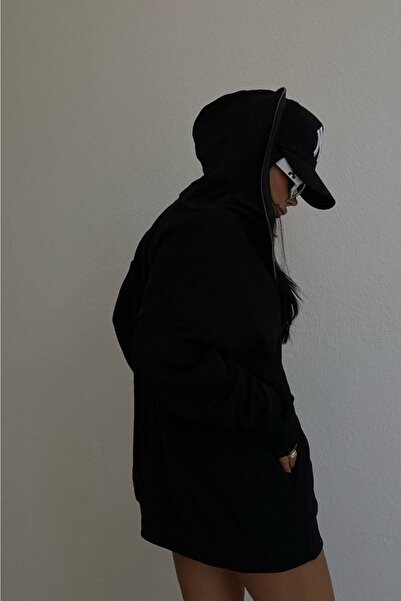 lovebox Новий сезон Жіночий чорний світшот з капюшоном - з кишенями та блискавкою 1057