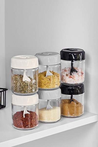 Renga Lexa 210 ml Set of 3 Glass Spice Jars with Spoon 161019 Black