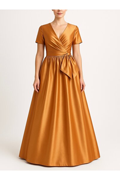 MERT ERKAN Double Breasted Closure & Belted Maxi Taffeta Stylish Dress