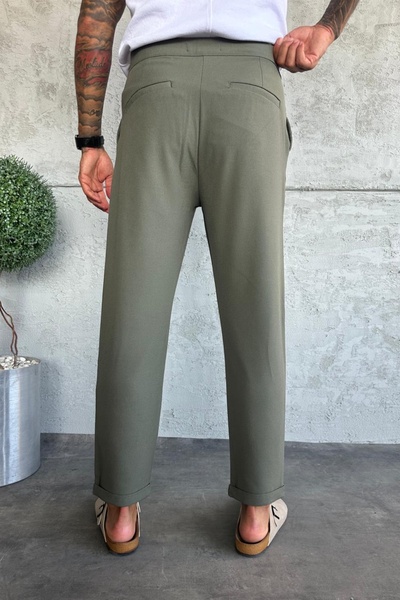 MADZEYMODA Men's Boyfriend Mold Pleated Double Leg Khaki Green Fabric Trousers Ke-1033