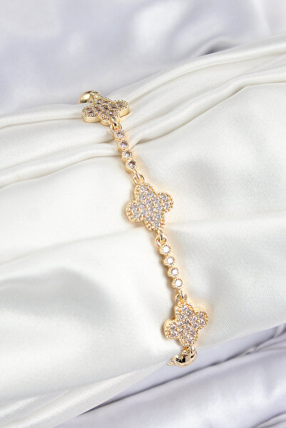 Lisinya Brass Zircon Stone Clover Model Gold Color Women's Bracelet - Tygoo