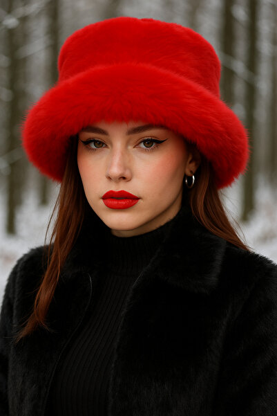 Luminos Butik Kırmızı Kalın Peluş Kalpak Şapka Bere - Sıcak Tutan Şık Dış Mekan Soğuktan Koruma Spk1143