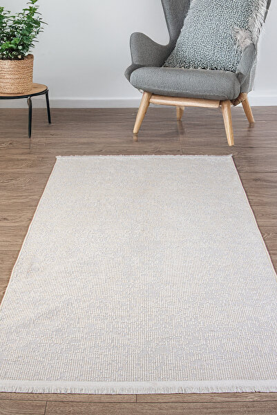 Serteks Beyaz Krem Şönil Kilim Oturma Çocuk Odası Salon Mutfak Hasır Yolluk D...