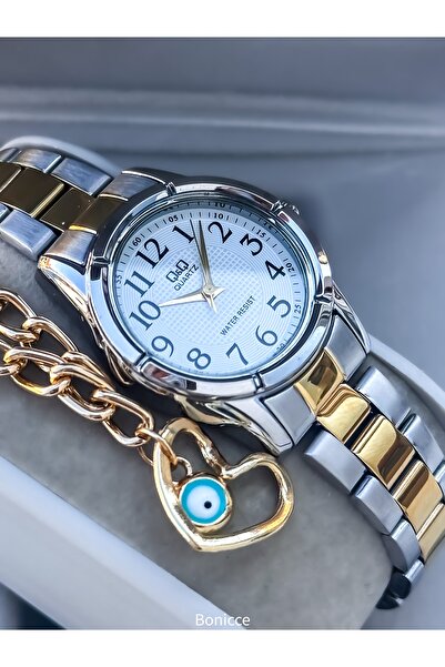 Q&Q Marka Gümüş - Sarı Renk Çelik Kordon, Beyaz Kadran, Sevgili Saati + Bileklik