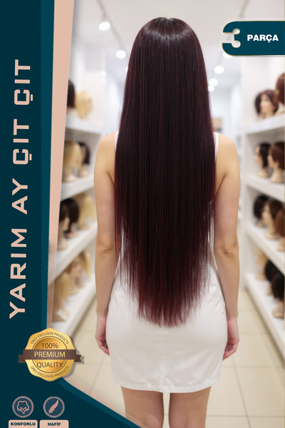 KONAK PERUK Fibră roșu închis sintetică, dreptă, jumătate de lună + 2 agrafe ...