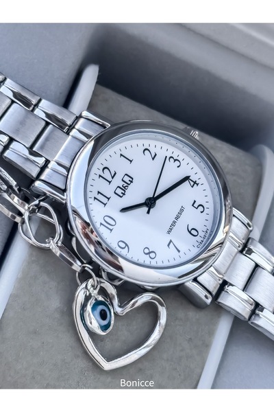 Q&Q Marka Gümüş Mini Kasa Çelik Kordon, Su Geçirmez, Şık Kadın Kol Saati Nazar Boncuklu Bileklik