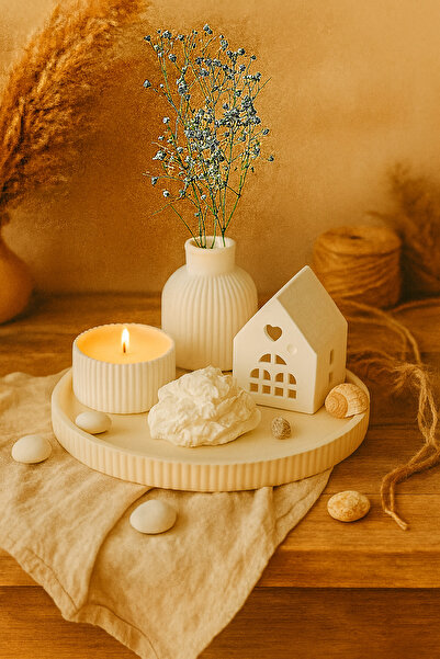 AKANART Studio dekoratif 5'li set mum çizgili vazo kokulu tas.tealight mumluk