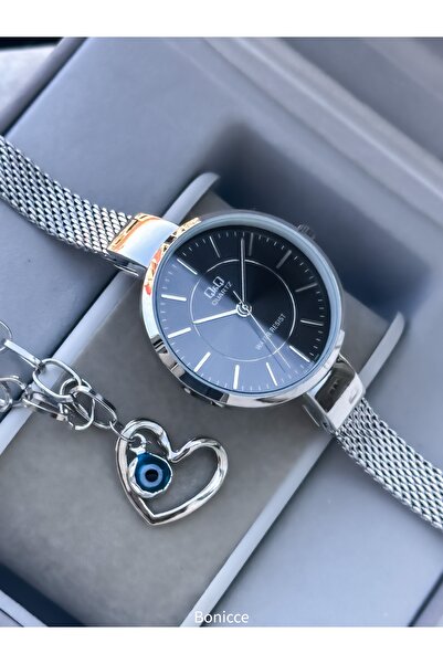 Q&Q Çelik Hasır Gümüş Kordon, Su Geçirmez, 2 Yıl Garantili Siyah Renk Kadın K...