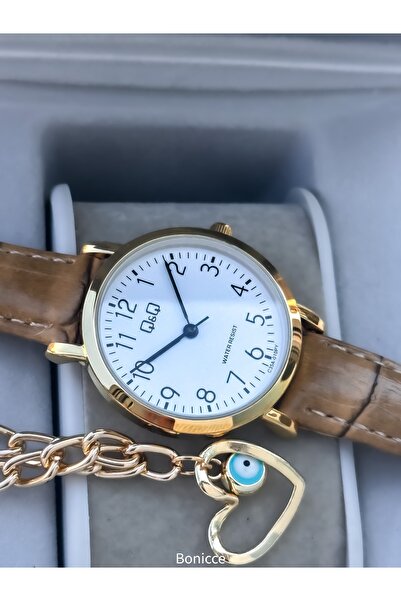 Q&Q Brand Retro Brown, 24 months Warranty, Waterproof, Leather Strap with Numbers Women's Wristwatch+Bracelet