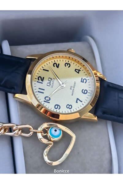 Q&Q Brand Retro Black Color, 24 Months Warranty, Waterproof, Leather Strap with Numbers Women's Wristwatch+Bracelet