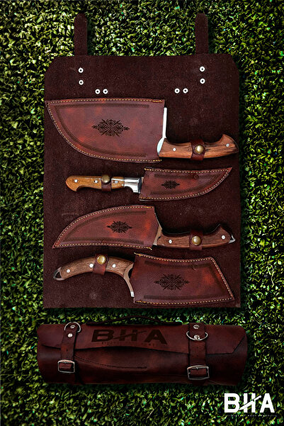 B-H-A BIÇAKÇI HACI AHMET Deri Çantalı Kamp Seti Sürmene BHA 4 Parça Çok Amaçlı Kamp Mutfağı Av Çakı Ahşap Sap Bıçak Seti