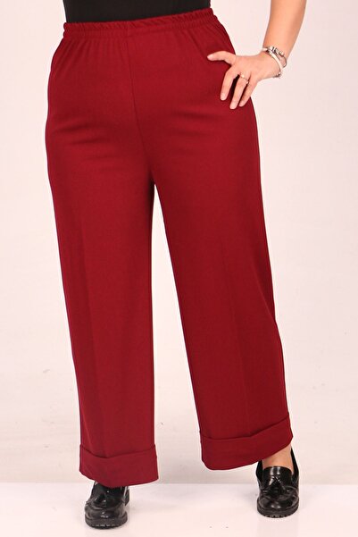 Eslina F-39043 Plus Size Elastic Waist Double Leg Scuba Pants-Burgundy