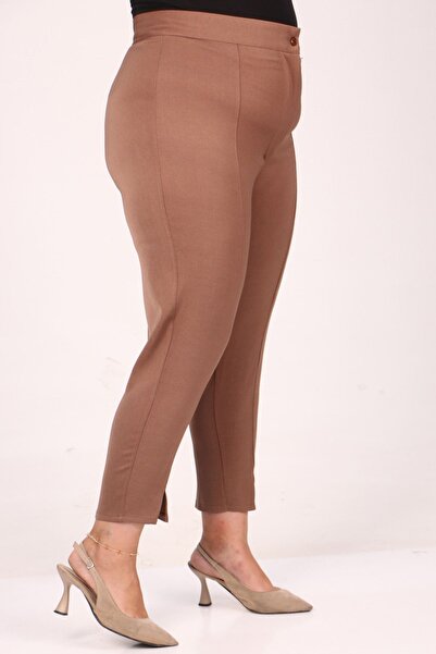 Eslina F-39028 Plus Size Slim Leg Trousers with Slit on the Front - Mink