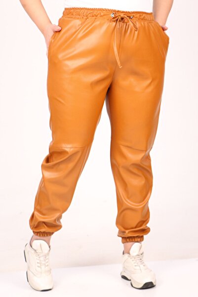 Eslina F-39051 Large Size Leather Trousers with Elasticated Legs-Tan
