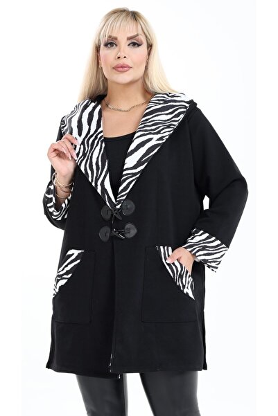 Kheos Zebra Patterned Hooded Long Cardigan - Turn-Down Collar and Pocket