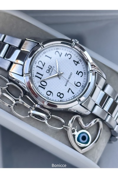 Q&Q Double Color Steel Strap, Silver Color, Small Case, Polite Wristwatch+Bracelet