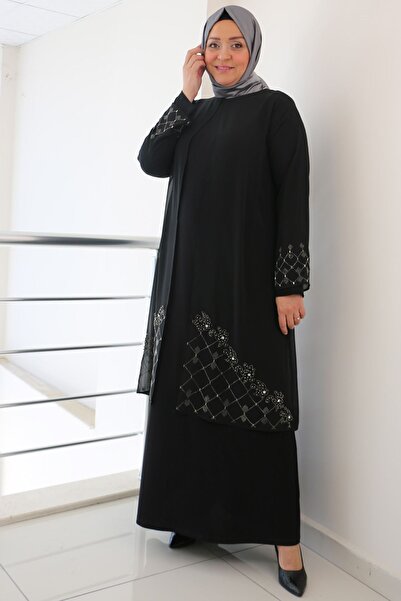 Eslina F-42002 Plus Size Skirt Stone Detailed Sandy - Chiffon Set - Black