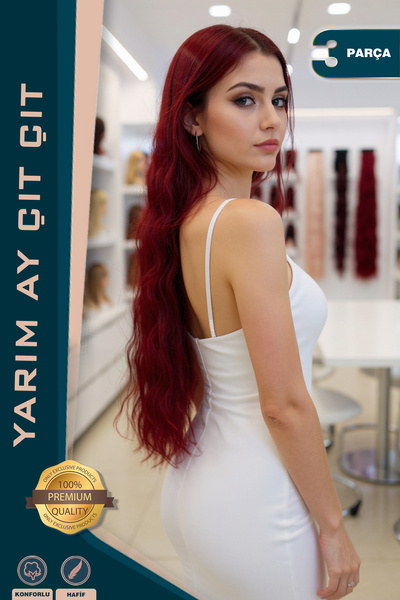 KONAK PERUK Fiber Sentetik Kabarık Dalgalı Yarım Ay + 2 Yan Çıt Çıt - Kızıl