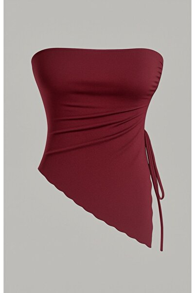 Marin Star Καλοκαιρινή μπλούζα μπορντό ασύμμετρη λύκρα με πλαϊνό κορδόνι, μπορντό στράπλες, ελαστικό καλοκαιρινό μπλουζάκι χωρίς στράπλες