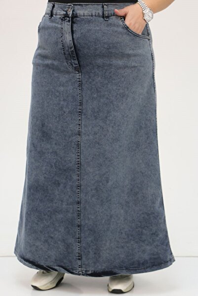 Eslina F-45008-2 Plus Size Front Buttoned Snow Wash Denim Skirt - Cool Blue