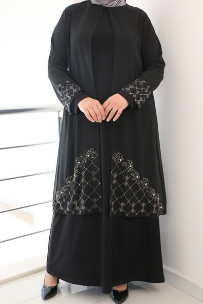 Eslina F-42002 Plus Size Skirt Stone Detailed Sandy - Chiffon Set - Black