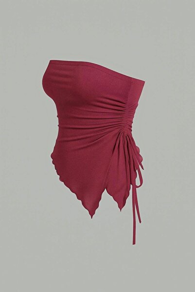 Marin Star Καλοκαιρινή μπλούζα μπορντό ασύμμετρη λύκρα με πλαϊνό κορδόνι, μπορντό στράπλες, ελαστικό καλοκαιρινό μπλουζάκι χωρίς στράπλες