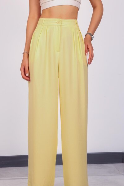 Hazel Pantaloni palazzo galbeni din in cu detalii plisate pentru femei
