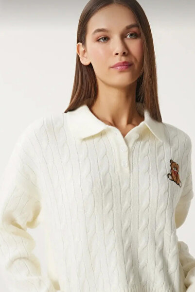 DAMGA Collection Pulover de damă cu model ursuleț de pluș cu gât polo moale