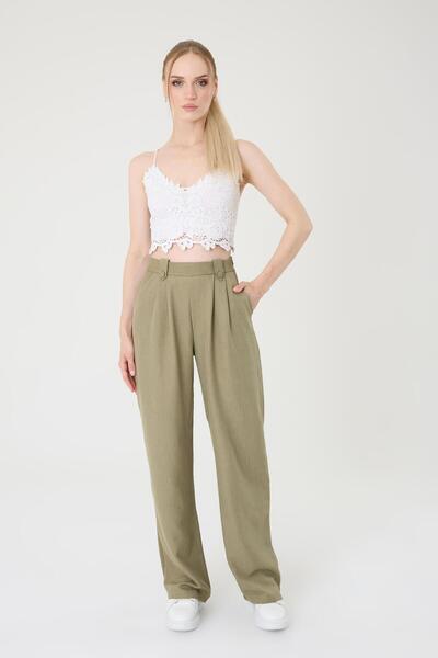 Hazel بنطال بالازو عالي الخصر للنساء من الكتان الكاكي بأزرار