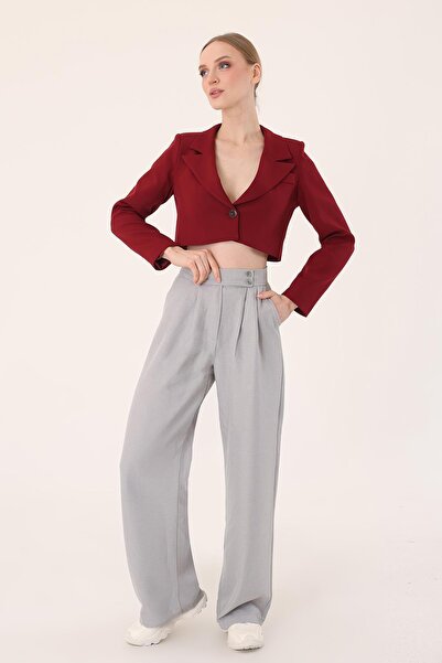 Hazel Women's Gray Double Button Linen Palazzo Trousers