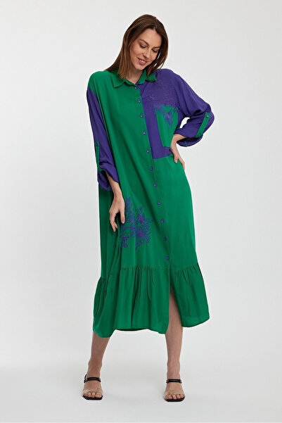 bacc Women's Green Color Blocked Embroidery Embroidered Long Length Woven Shirt Dress Bcvl- 241000