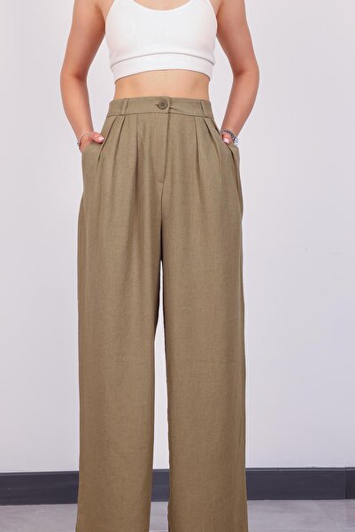 Hazel بنطلون بالازو نسائي من الكتان الكاكي مع تفاصيل مطوية