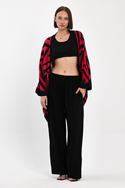 bacc Women's Maxi Length Red Printed Kimono and Pants Woven Viscon Top and Bottom Set Bcvl-251061