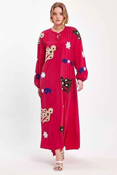 bacc Red Embroidered Long Chief Collar Women's Dress - Bcvl-24915
