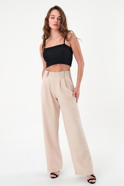 Hazel Pantaloni Palazzo de damă cu talie înaltă, cu nasturi cu piatră