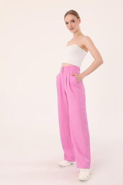 Hazel Női rózsaszín magas derekú vászon Palazzo nadrág