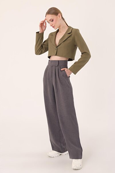 Hazel Women's Anthracite Velcro Linen Palazzo Trousers