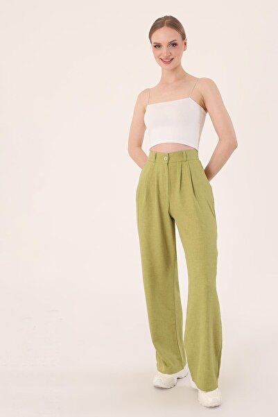 Hazel Ленен дамски панталон Palazzo с висока талия - масленозелен