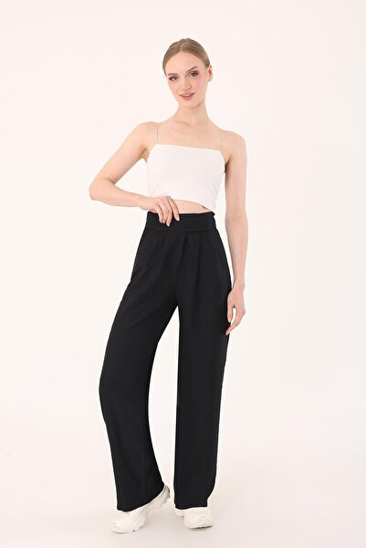 Hazel Γυναικείο παντελόνι Palazzo μαύρο λινό Velcro