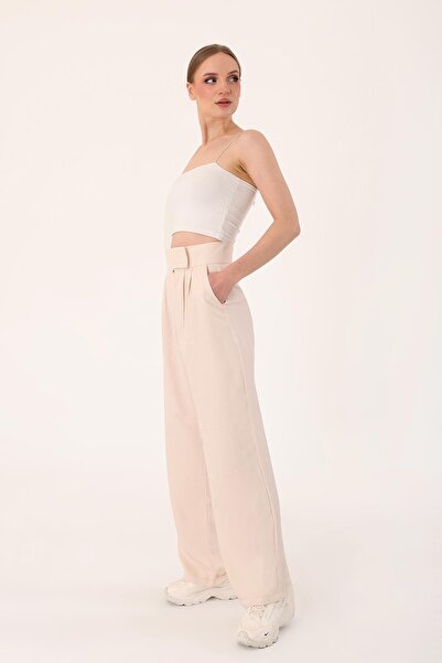 Hazel Women's Stone Velcro Linen Palazzo Trousers