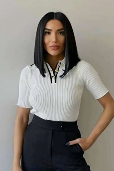 DAMGA Collection Γυναικεία πλεκτή μπλούζα με κοντό μανίκι με χρυσό λαιμό πόλο