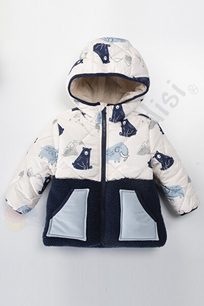 Ofislot Bear Inside Plush Fur Pocket Zippered Thick Hooded Inflatable Snow Winter Baby Boy Coat Children's Coat