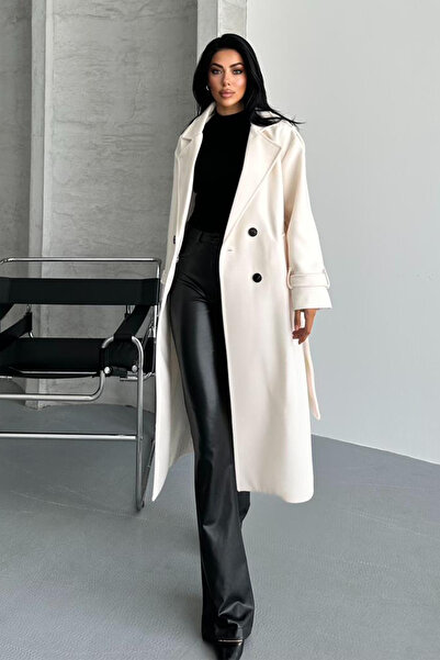 NET OF NOT Laura Ekru Kuşaklı Yeni Sezon Astarlı Premium Kalite Rahat Kalıp Kadın Kaşe Kaban Mont