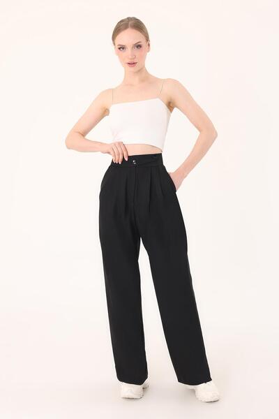Hazel Kadın Siyah Keten Karışımlı Kore Model Palazzo Pantolon