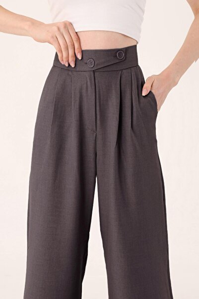 Hazel Γυναικείο παντελόνι Palazzo από λινό ανθρακί μείγμα κορεατικού μοντέλου