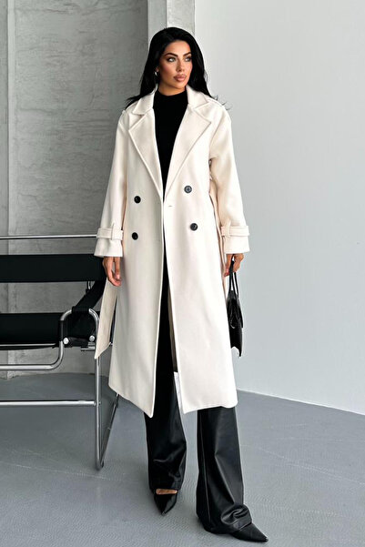 NET OF NOT Laura Ekru Kuşaklı Yeni Sezon Astarlı Premium Kalite Rahat Kalıp Kadın Kaşe Kaban Mont