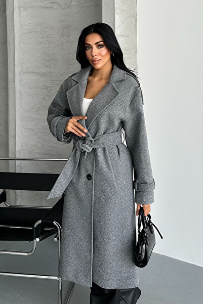 NET OF NOT Laura Gri Kuşaklı Yeni Sezon Astarlı Premium Kalite Rahat Kalıp Kadın Kaşe Kaban Mont