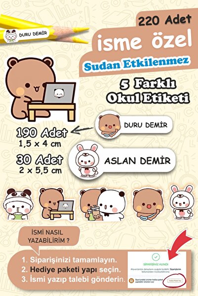 Grafikup 220 Adet İsme Özel Sevimli Ayıcık Okul Etiketi - Kalem Defter Suluk ...