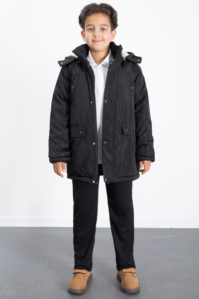 Cansın Mini Black Fur Inside Removable Hood Basic Boys down Jacket 21439